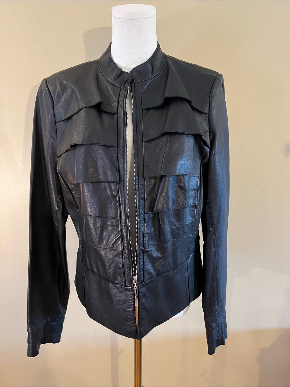 White House Black Market Black Layered-Panel Real  Leather Jacket